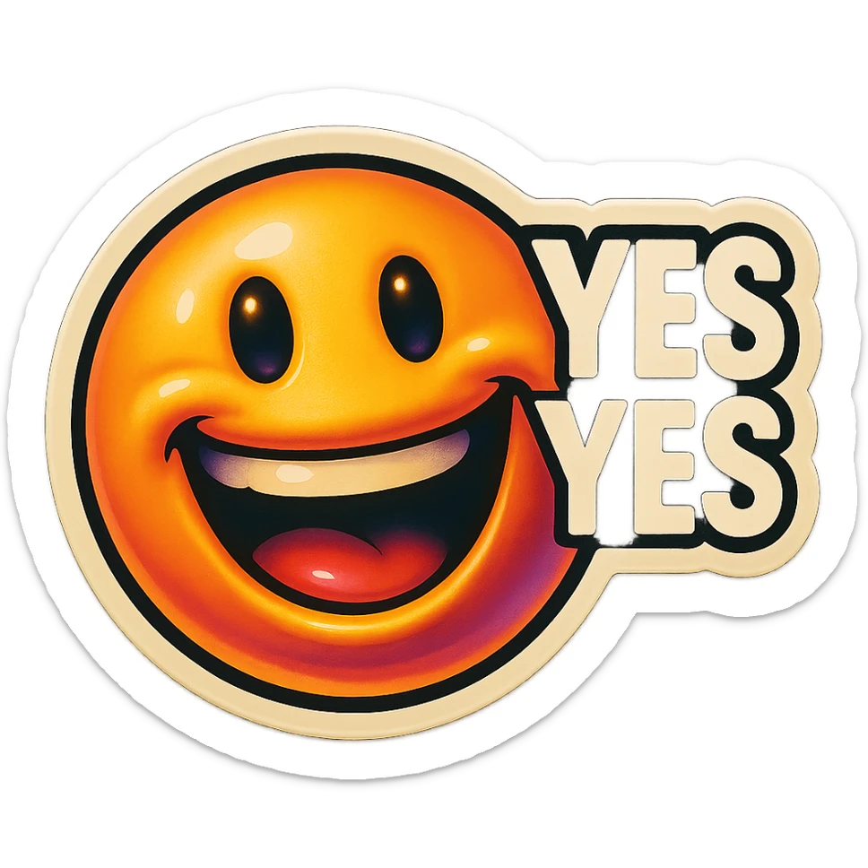 excited smile with mouth open
add the words “yes yes" in White sticker