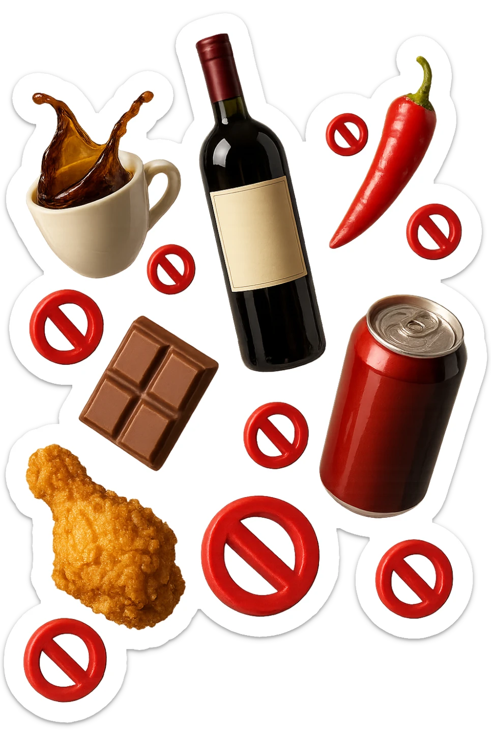 caffeina, alcolici, cibi piccanti, fritti, cioccolato e bevande gassate cadono dall'alto con piccoli divieti in 3d, iperrealistico 4k sticker