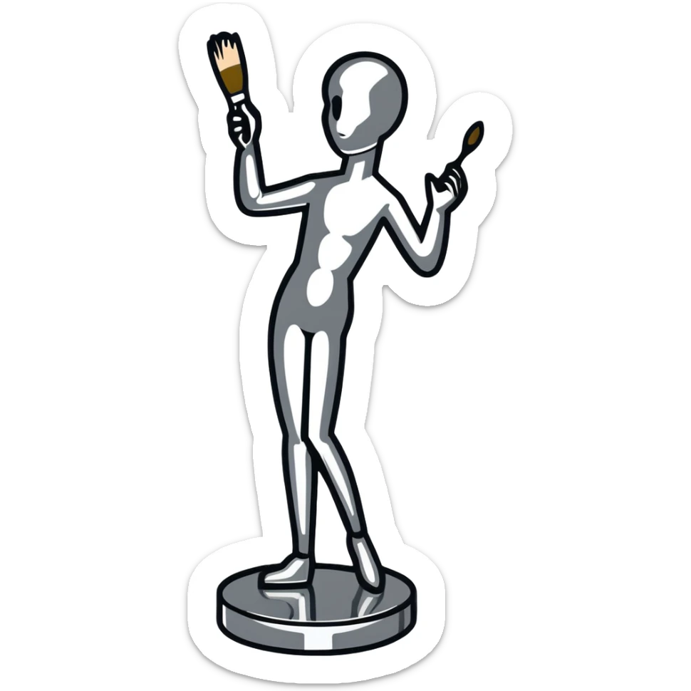 A paintbrush transforming into a silver human silhouette sculpture, symbol of artistic identity, with a gleaming silver metallic finish sticker