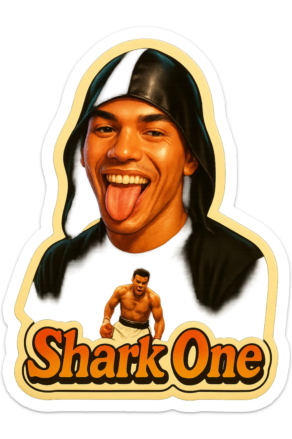 Make him Smiling with tongue sticking out
Add the words Shark One sticker