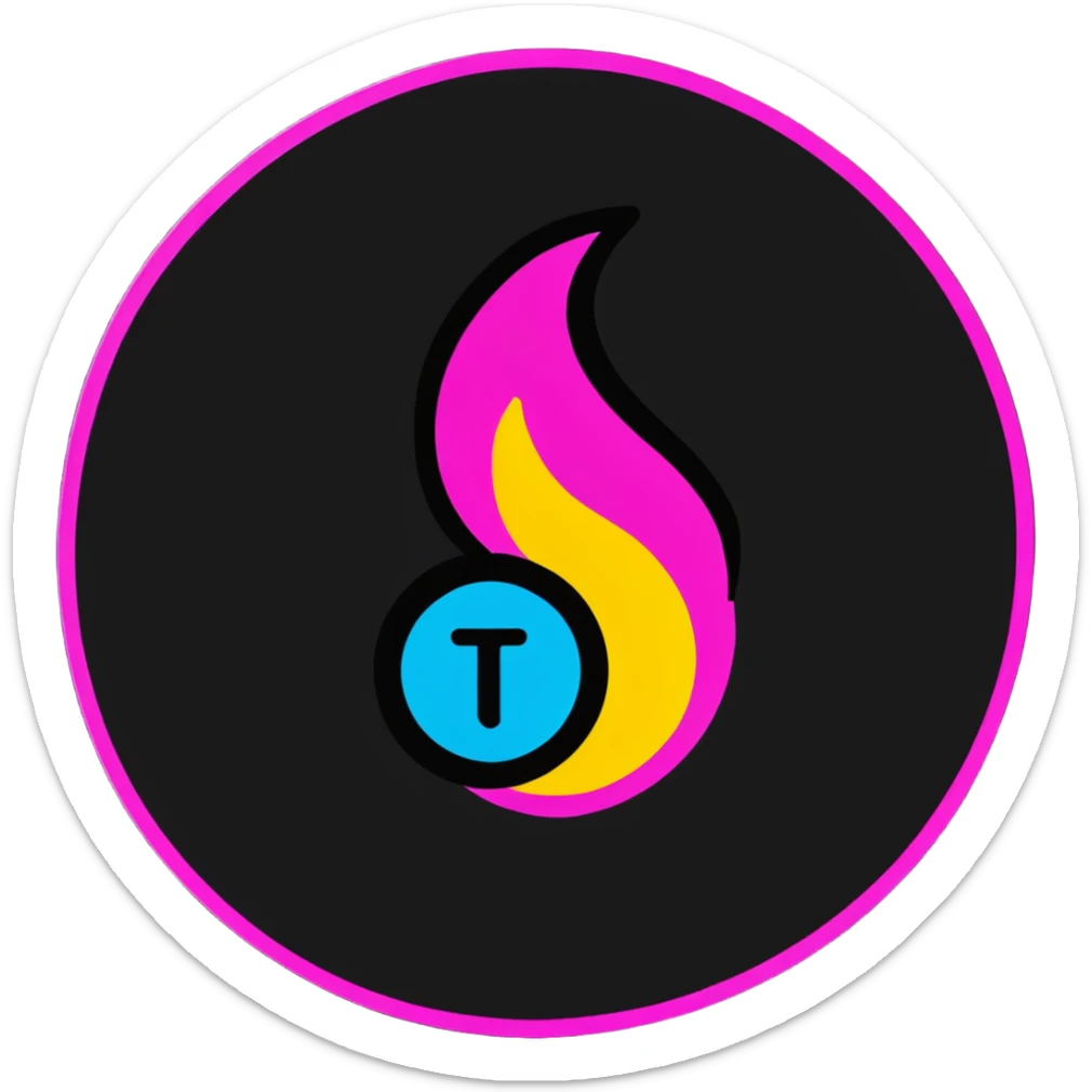 Minimalist sticker with white 'tt' letters on a black circle with cyan, magenta, and yellow dots below, fire emoji with street style influence sticker