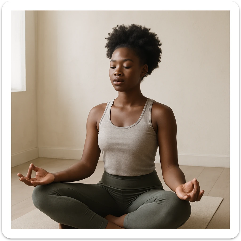 realistic style portrait of a black woman meditating, in a minimalist interior with natural light sticker