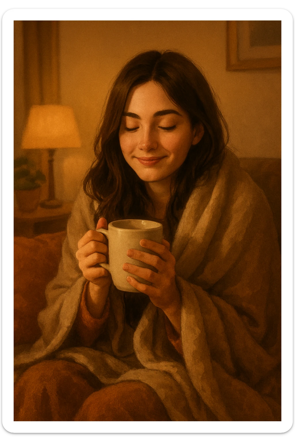 brunette girl in a blanket, holding a coffee mug, looking content, cozy atmosphere sticker