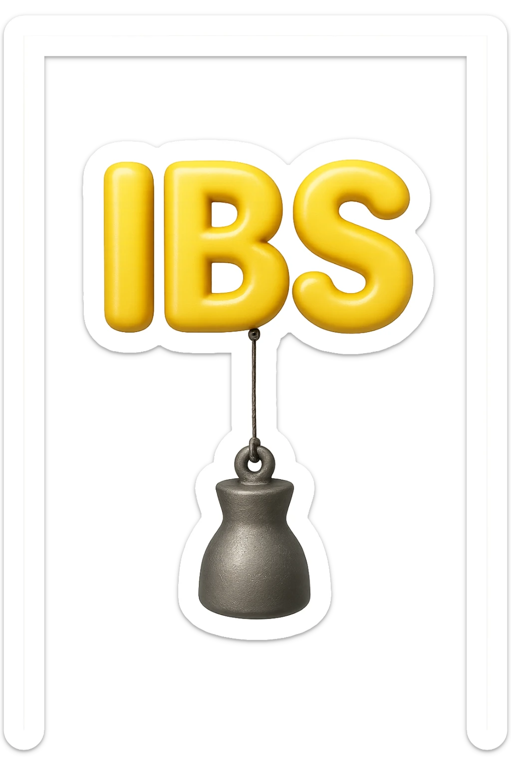 emoji stile iphone della parola "IBS" sospesa in aria con zavorra attaccata sotto che la fa cadere per il peso, iperrealistico 4k sticker
