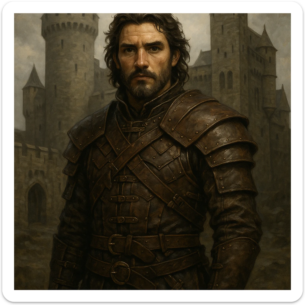 portrait of a leather-armored warrior, direct gaze, medieval castle backdrop, Game of Thrones style, DnD style, ArtStation quality, detailed illustration sticker