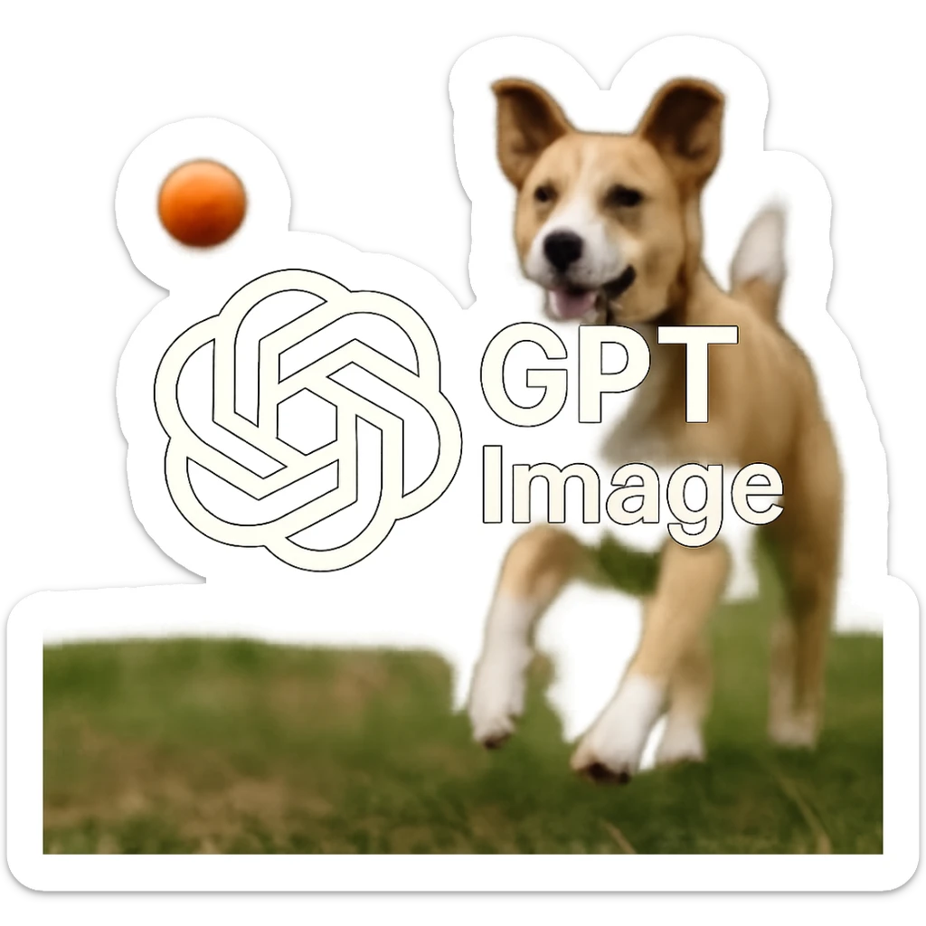  logo of chat gpt with text "GPT Image" on the background of a dog chasing ball, realistic image sticker