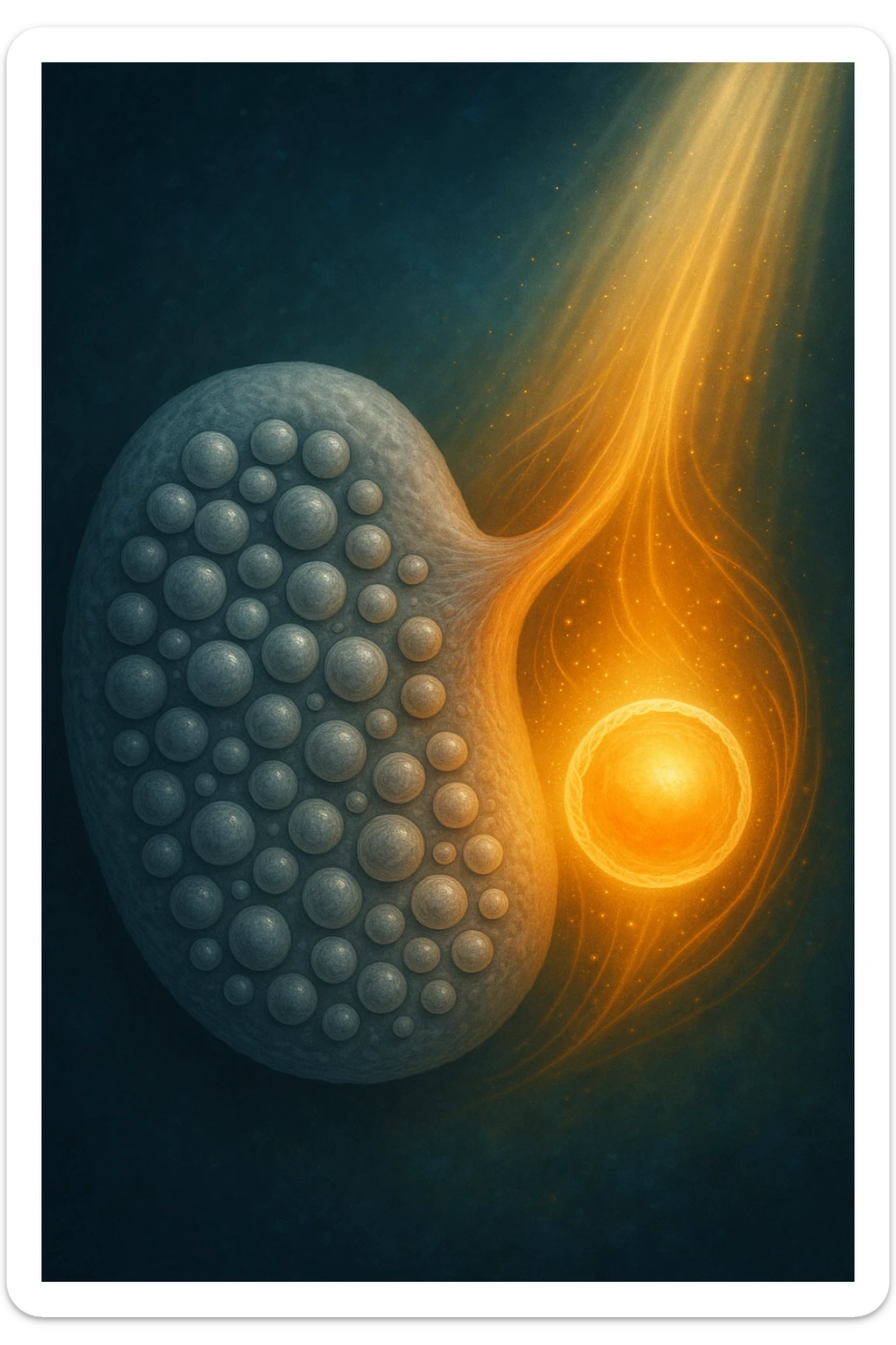 Scientific visualization of a polycystic ovary transforming. The ovary, initially filled with many small, dormant follicles like a cluster of grey pearls, begins to be nurtured. A focused, gentle light and nutrient-rich energy encourage one dominant follicle to mature and glow with a healthy, golden light, symbolizing successful preparation. sticker