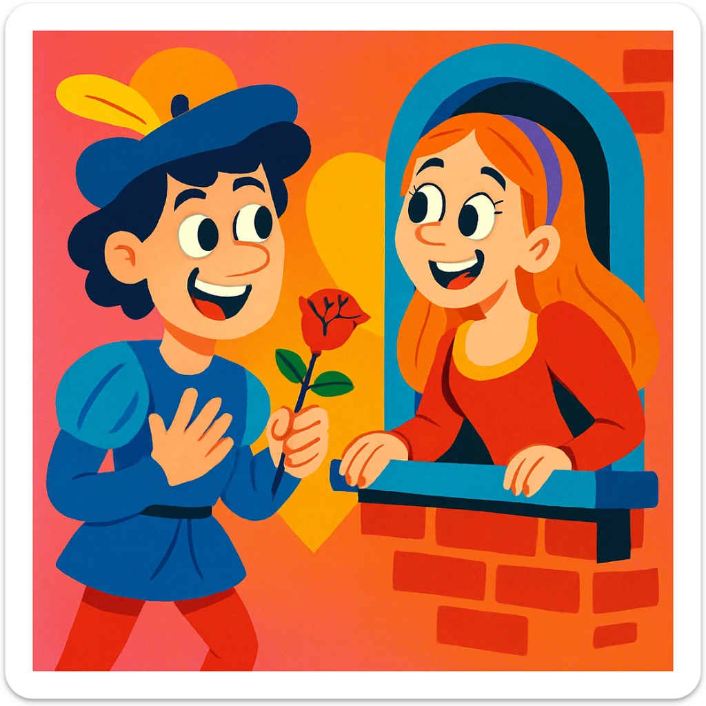 Romeo and Juliet as a cartoon couple, bright colors, exaggerated expressions, playful and lighthearted, cartoon style sticker