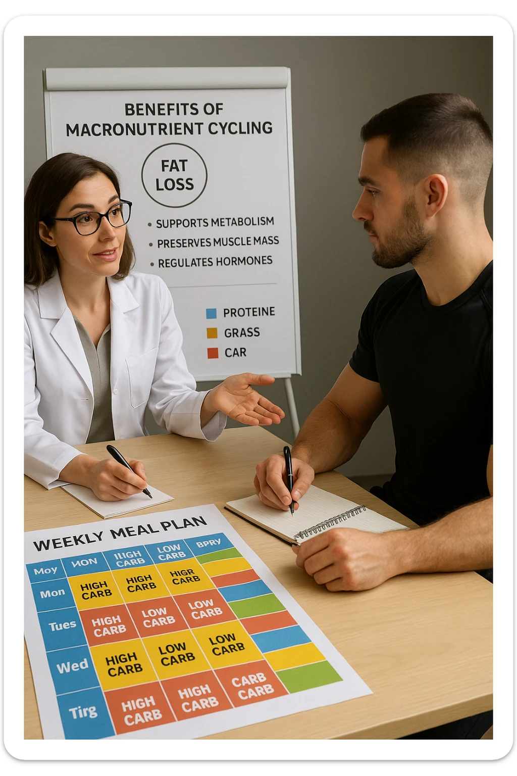 a nutritionist explains to an athlete how to cycle macronutrients for fat loss and training. On the desk, a weekly meal planner shows alternating high-carb and low-carb days, with color-coded sections for proteine, grassi, and carbo. The athlete takes notes, and a chart in the background illustrates the benefits of nutrient cycling. The mood is professional and educational. scritto in italiano sticker