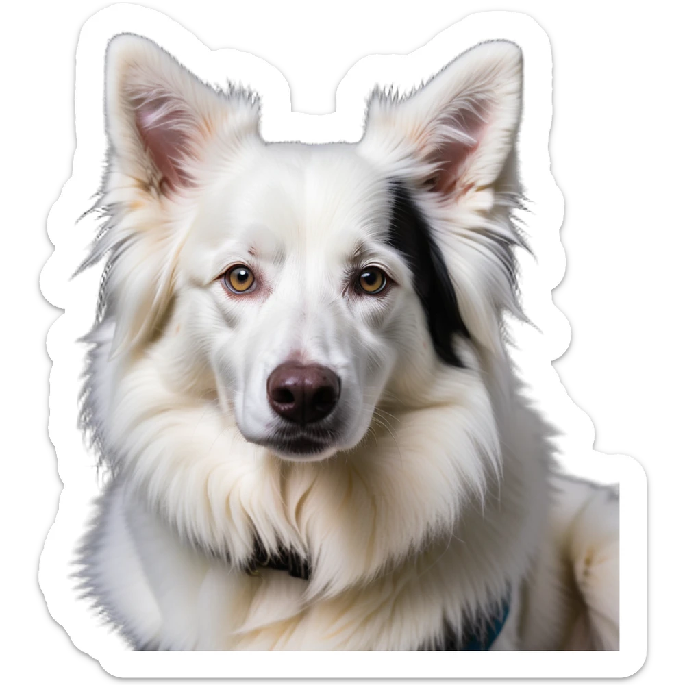 A pure white Border Collie dog sitting, with fluffy fur, alert pointed ears, and friendly expression sticker