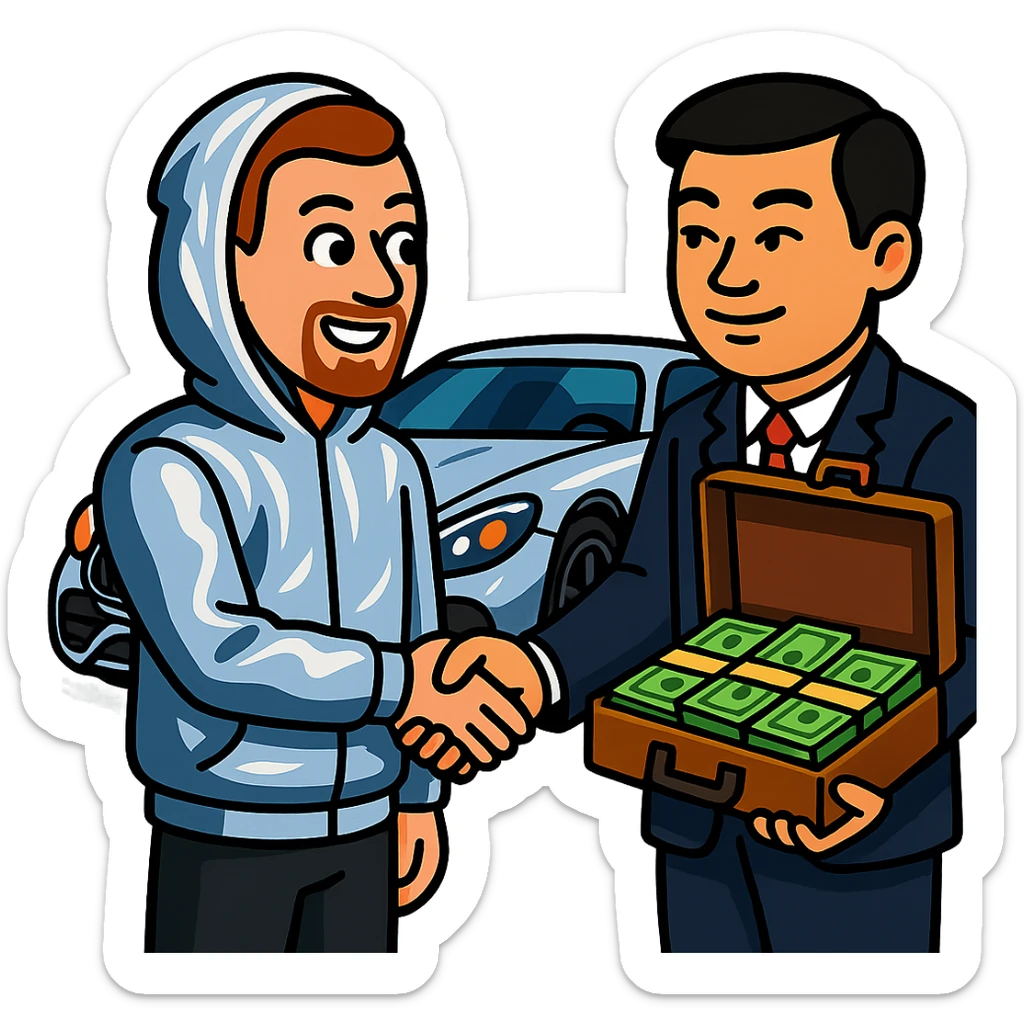 A white man with a goatee, natural skin, wearing a chrome hoodie, shaking hands with a Chinese man with natural skin, giving him a briefcase of green dollar bills. AMG car in the background. Vibrant cartoon style. sticker