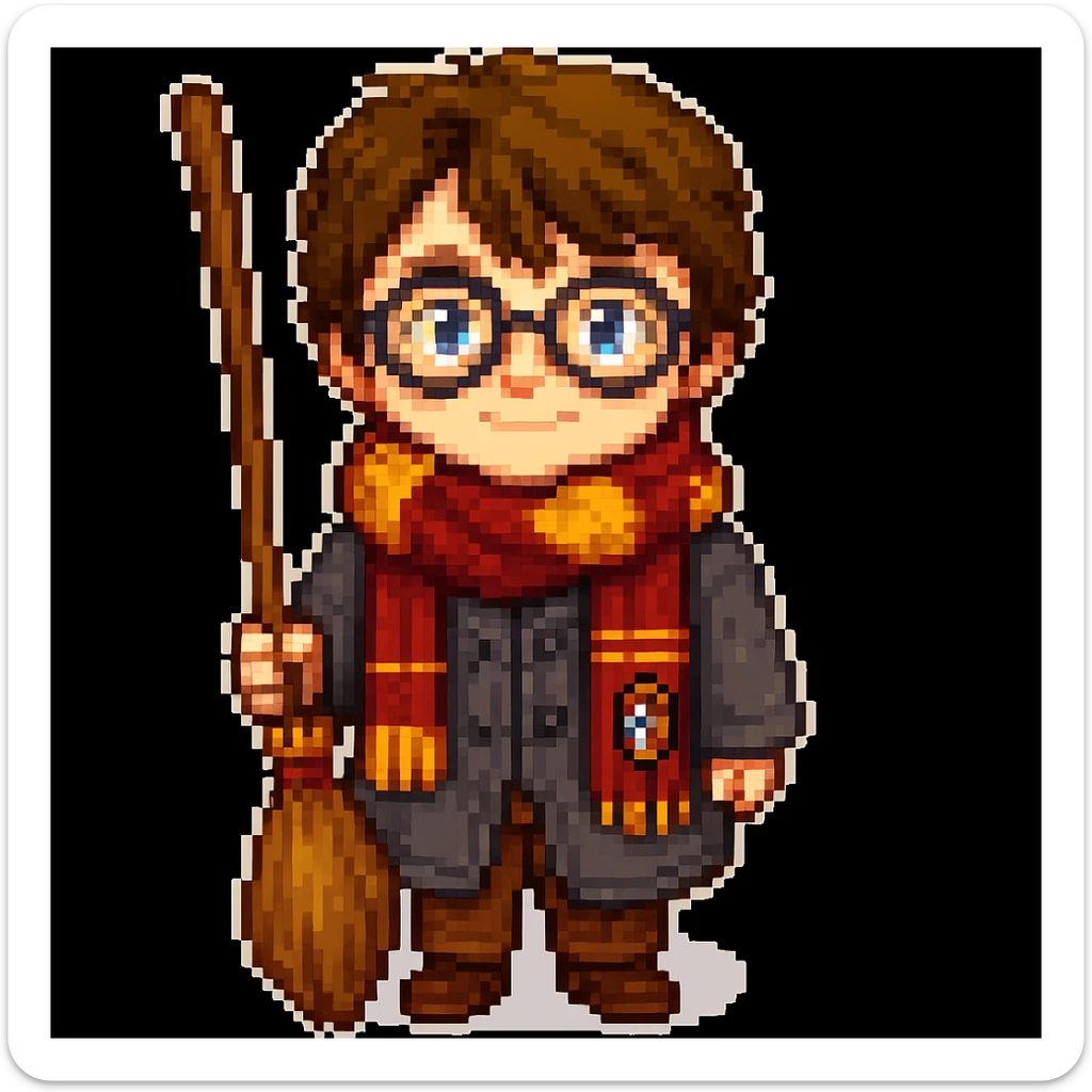 Add a broomstick to Harry Potter in pixel art style, keep round glasses and Gryffindor scarf sticker