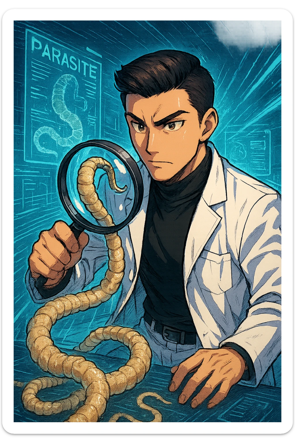 A dynamic manga/webtoon-style illustration of a young male kinesiologist wearing a clean white lab coat, analyzing light beige worms like a tapeworm under a magnifying glass. His expression is focused and slightly intrigued, with sharp, detailed eyes. The art style is vibrant, with bold linework, rich colors, and dramatic lighting. The background is a futuristic laboratory with glowing holographic screens displaying parasite data. The tapeworm is intricately drawn, slimy and segmented, with a slightly exaggerated yet realistic texture. The composition is dynamic, with motion lines or energy effects to emphasize his scientific investigation. The atmosphere is intense but not dark, keeping a balance between scientific seriousness and stylish manga aesthetics sticker