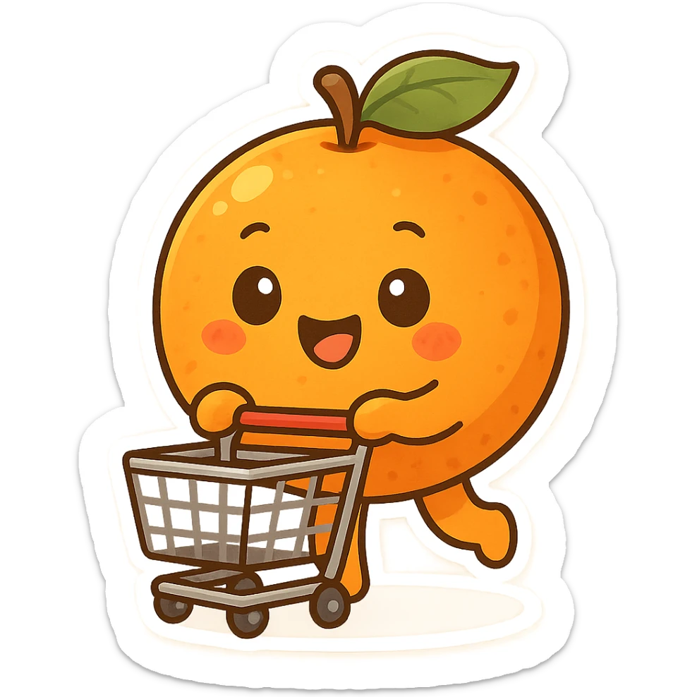 a cheerful orange with arms, holding a shopping cart, cartoon style sticker