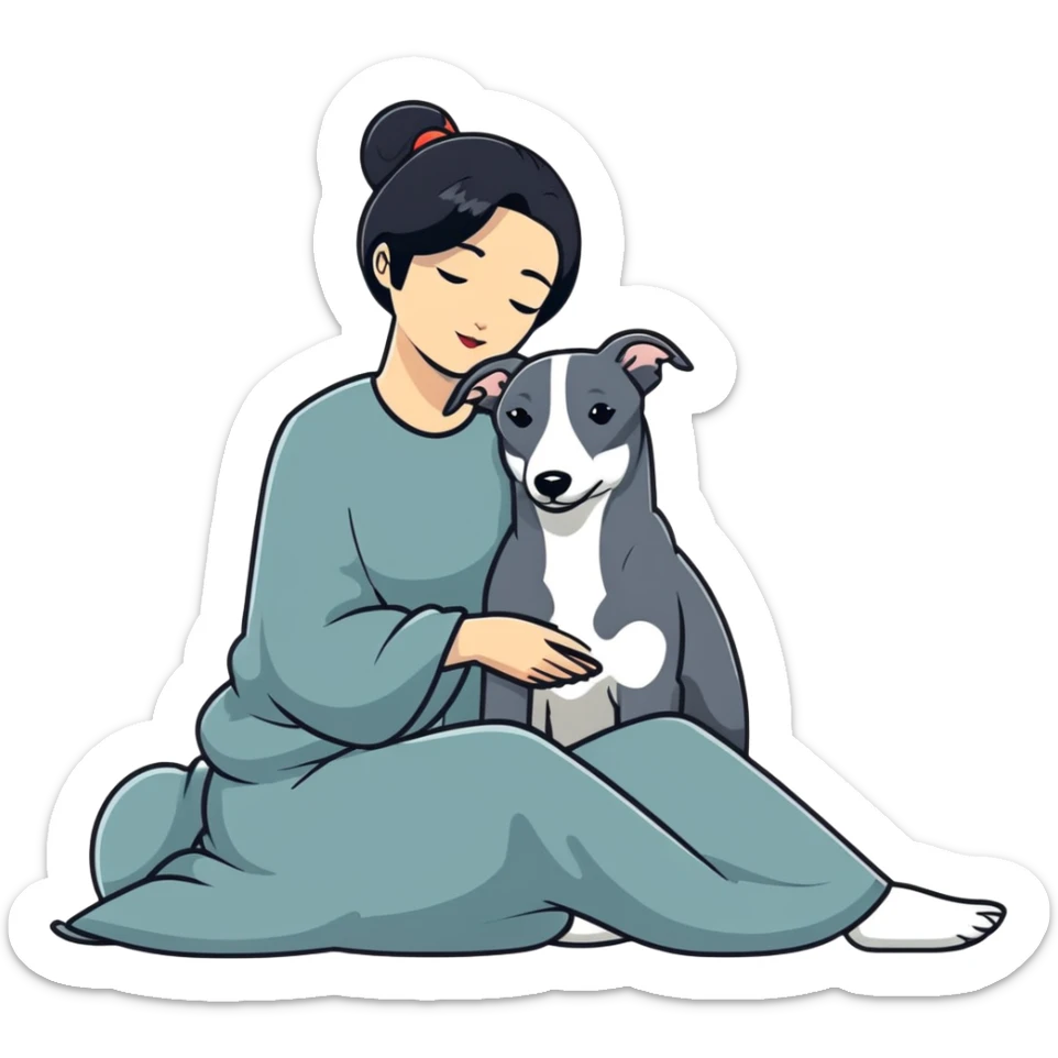Very thin Chinese woman with long black hair relaxing in a luxurious hotel suite with exactly ONE whippet dog. EXTREME IMPORTANCE: the whippet must be ONE SOLID VERY DARK CHARCOAL GREY COLOR from nose to tail with ABSOLUTELY NO WHITE MARKINGS anywhere - NO white on face, NO white on muzzle, NO white on chest, NO white on paws, NO white on tail - NOTHING BUT A SINGLE SHADE OF VERY DARK GREY throughout the entire animal sticker