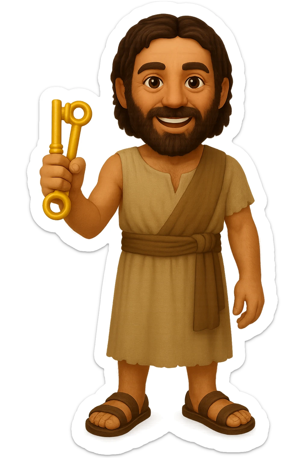 Make the shirt sleeveless like in 'The Chosen' show, keep plain robes, fullbody apostle Peter, high detail, emoji style, holding keys, standing pose, no background. sticker