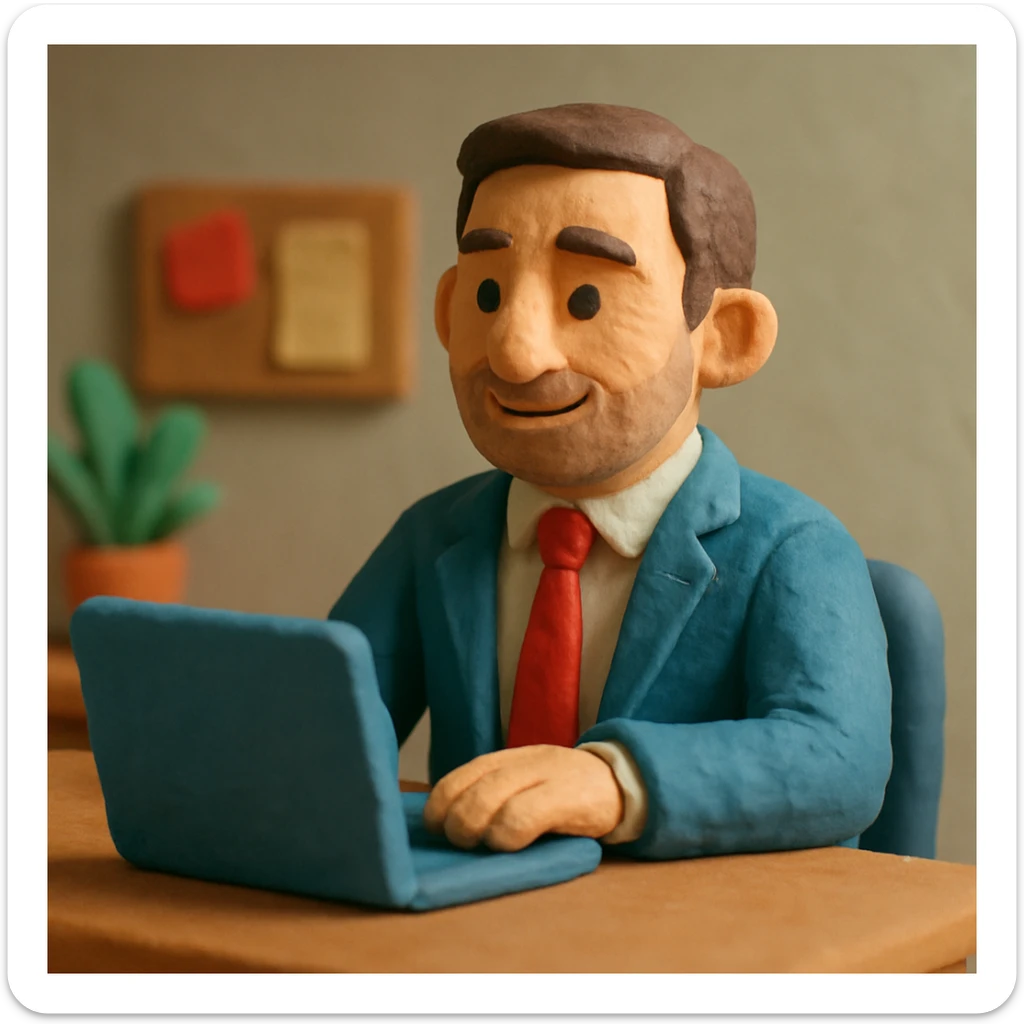 A 35-year-old male business coach sitting at a desk with a laptop sticker