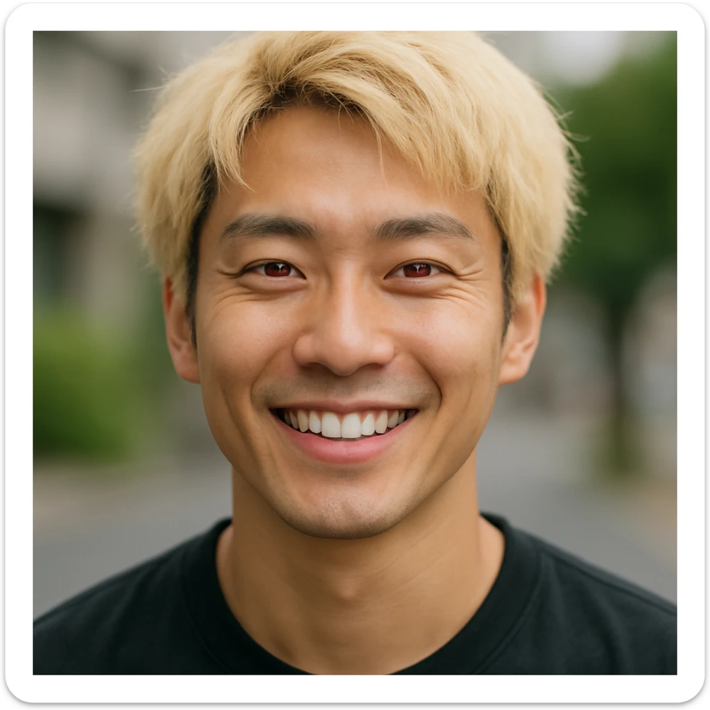 Japanese man with red eyes and blond hair, smiling, realistic portrait sticker