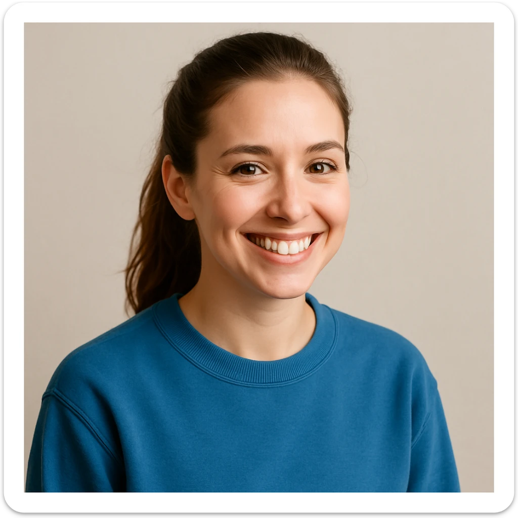 white female with brown hair in a ponytail, blue sweatshirt, smiling, simple background sticker