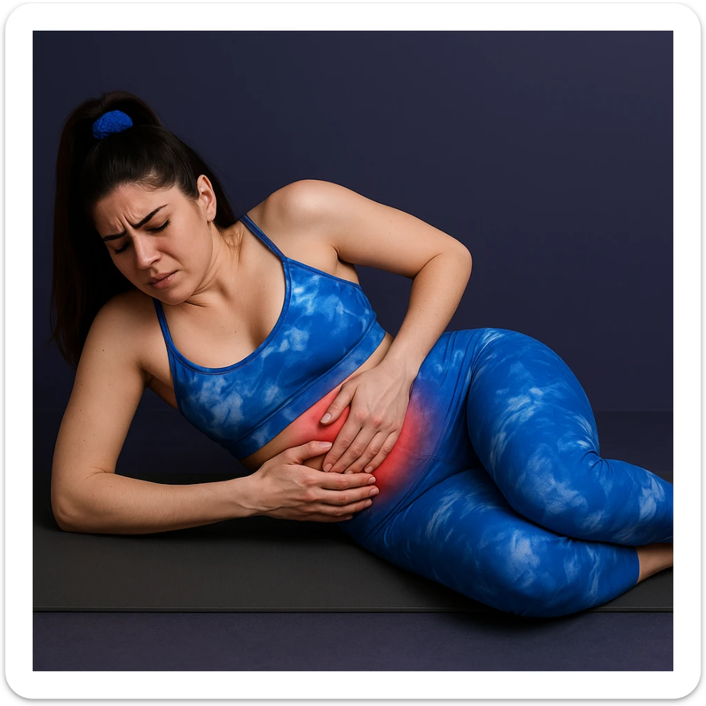 A slender woman in 4K, lying on a mat, knees bent, both hands pressing on the left hip, eyes closed in pain, visibly reddened hip area, inspired by the reference photo. sticker