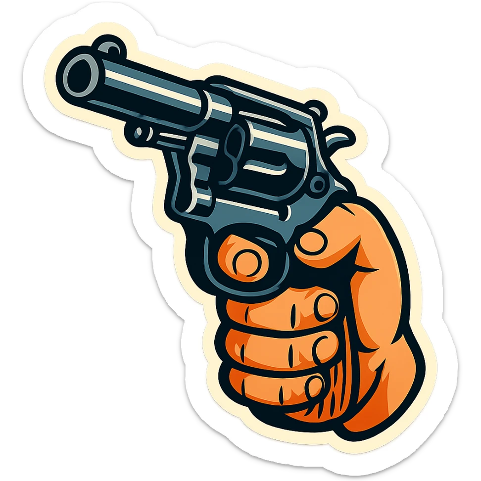 revolver in a male hand, retro stickers style, sharp black outlines, clear shadows and highlights, no gradients sticker