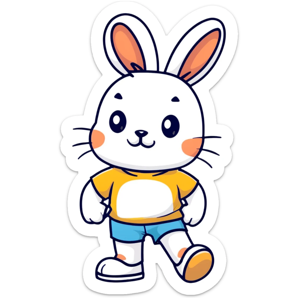 retro 1930s anthropomorphised rabbit in a t-shirt and shorts walking black and white sticker