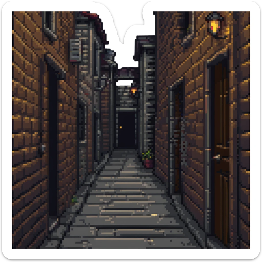 dark alley, dark street among houses sticker