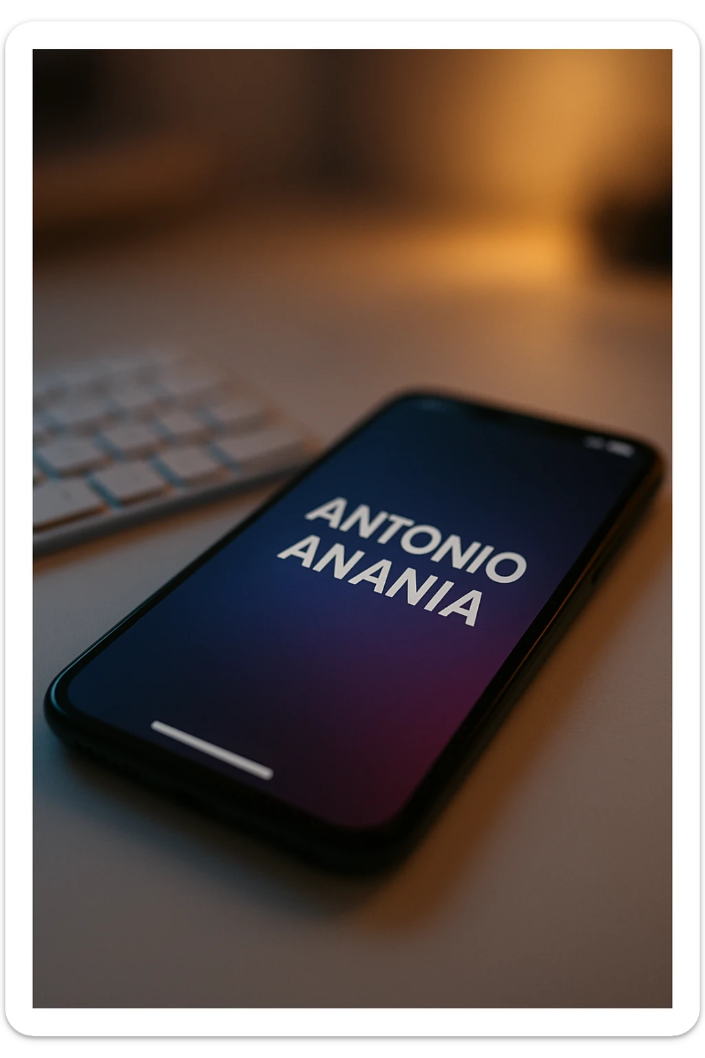 A photo of an iPhone with the message "Antonio Anania" on its scree, both surrounded by soft light and shadow. The phone sits atop a desk with a blurred background that suggests work environment. A faint glow from above casts gentle shadows across the surface of each object, creating depth and highlighting their textures. sticker