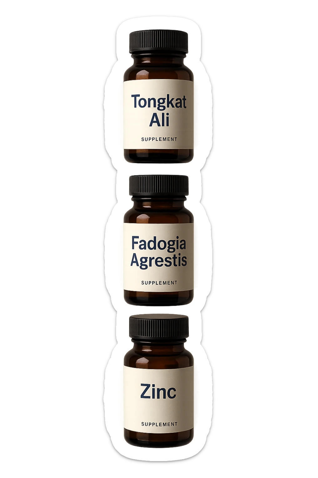 4 boccette di integratore: Tongkat Ali, Fadogia Agrestis, Boron e Zinco fluttuano in aria verticalmente sticker