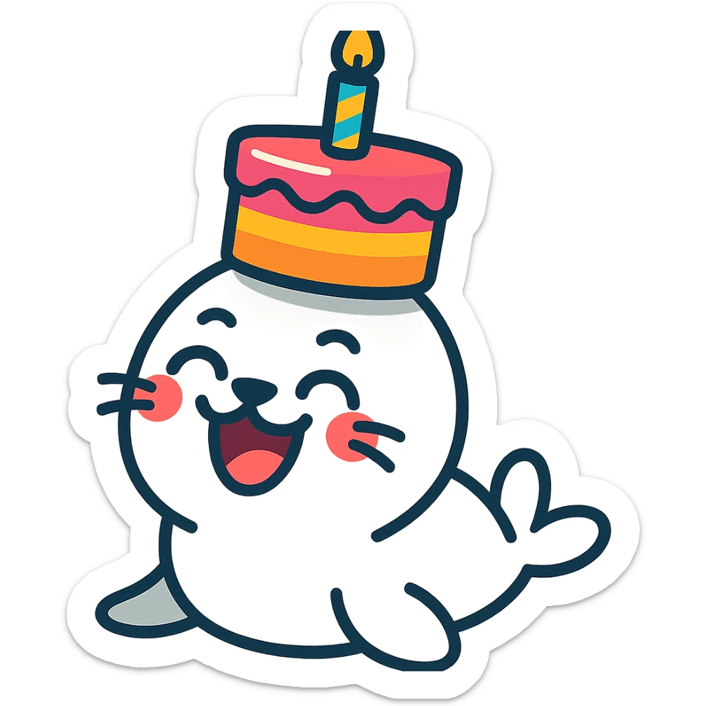 cutie baby seal balancing cake on head with laughing face in vibrant-toon style sticker