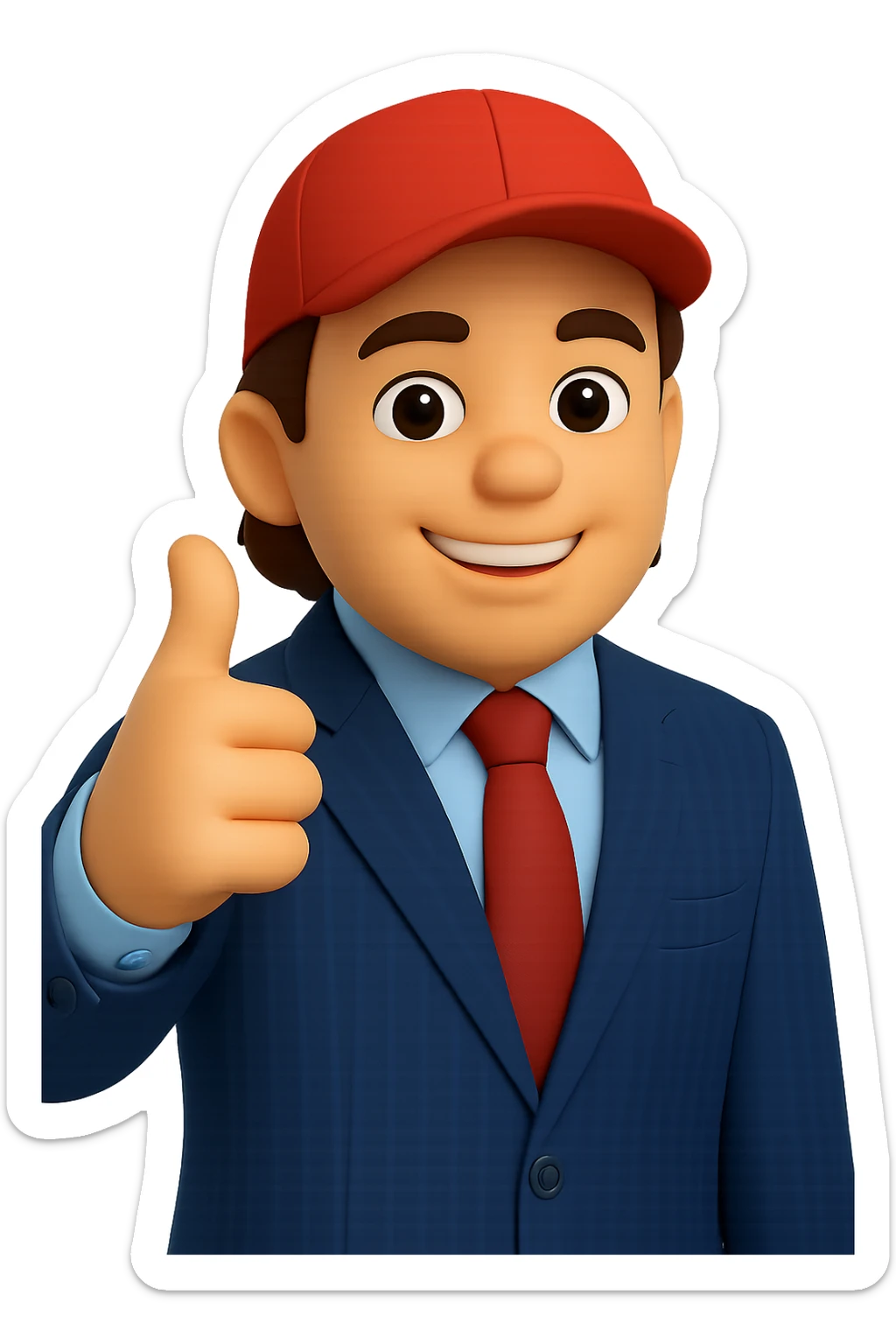 Convert the image of a smiling man in a pinstripe suit and red cap giving a thumbs up to a 3D emoji style similar to Apple or Microsoft emojis. Maintain the white skin tone and transparent background. The style should reflect the smooth, polished, and slightly rounded characteristics of 3D emojis from Apple or Microsoft. sticker