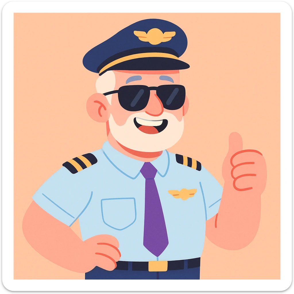 middle-aged male pilot, white skin, silver hair, beard, smiling, wearing sunglasses, pastel toon cartoon style sticker