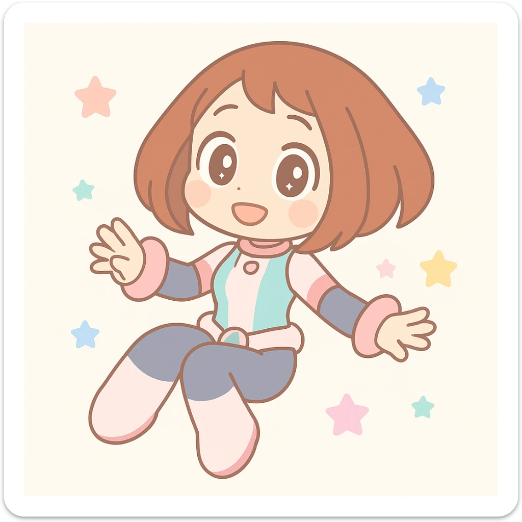 Ochaco Uraraka floating with zero gravity, short brown hair, anime style, My Hero Academia theme sticker