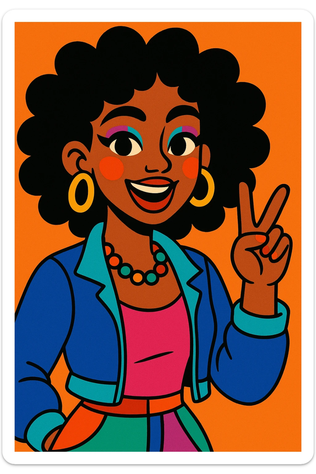young brown-skinned woman with voluminous curly black hair, brown eyes, bright colorful makeup, vibrant style sticker