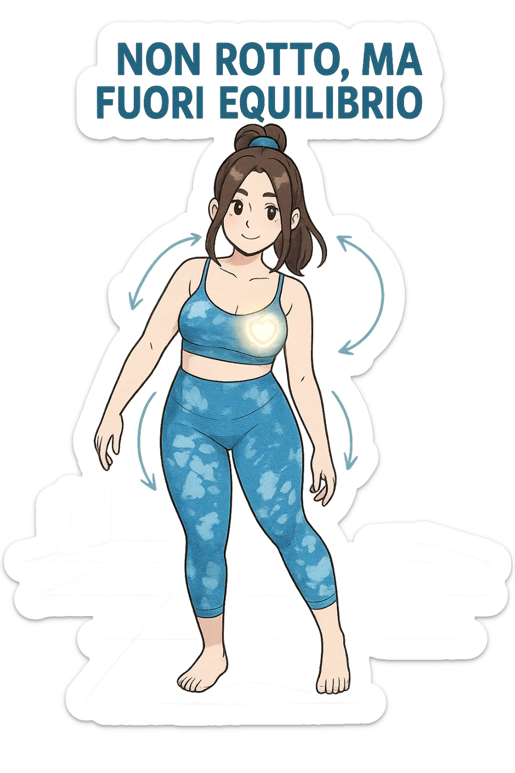stile manga a woman stands in a relaxed pose, with a gentle, confident expression. Her body is shown with subtle, curved lines or arrows indicating areas of imbalance (such as a slight tilt in the shoulders or hips), but no signs of injury or damage. A soft glow or heart symbol at her core emphasizes resilience and the message “Non rotto, ma fuori equilibrio” The background is clean and clinical, with light blue tones. sticker