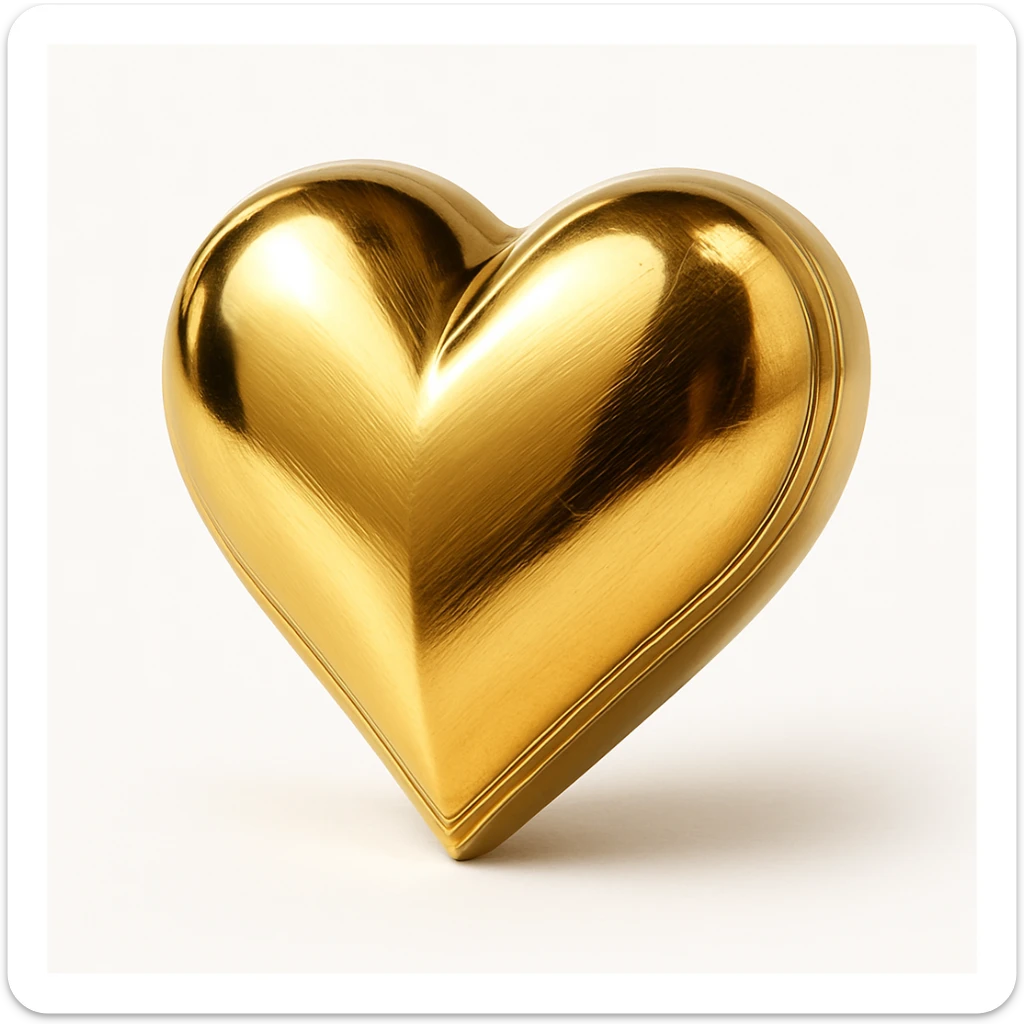 photorealistic gold heart with sparkles and metallic shine, realistic drop shadow, white clean background sticker