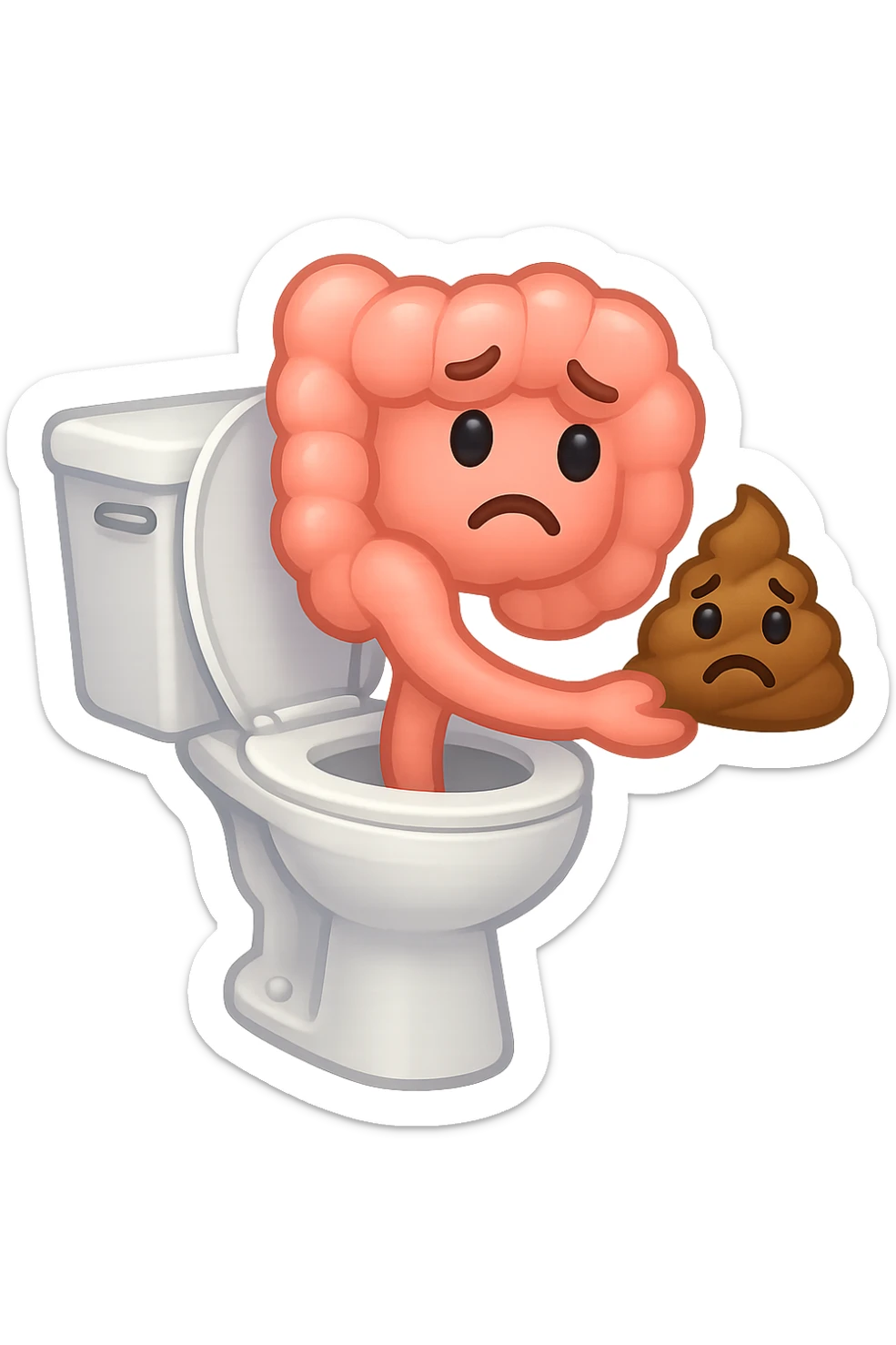 emoji stile iphone di un intestino che esce dal wc con in mano una montagnetta di feci con espressione triste a palline sticker