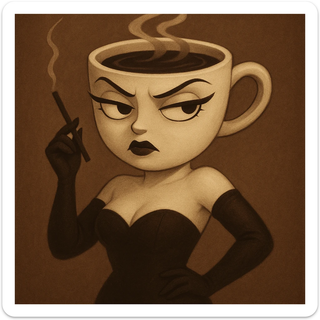 Edit the coffee cup woman character to have an annoyed expression with narrowed eyes and a pouty mouth. Keep the original style and character intact, only modify the eyes and mouth to reflect this expression. sticker