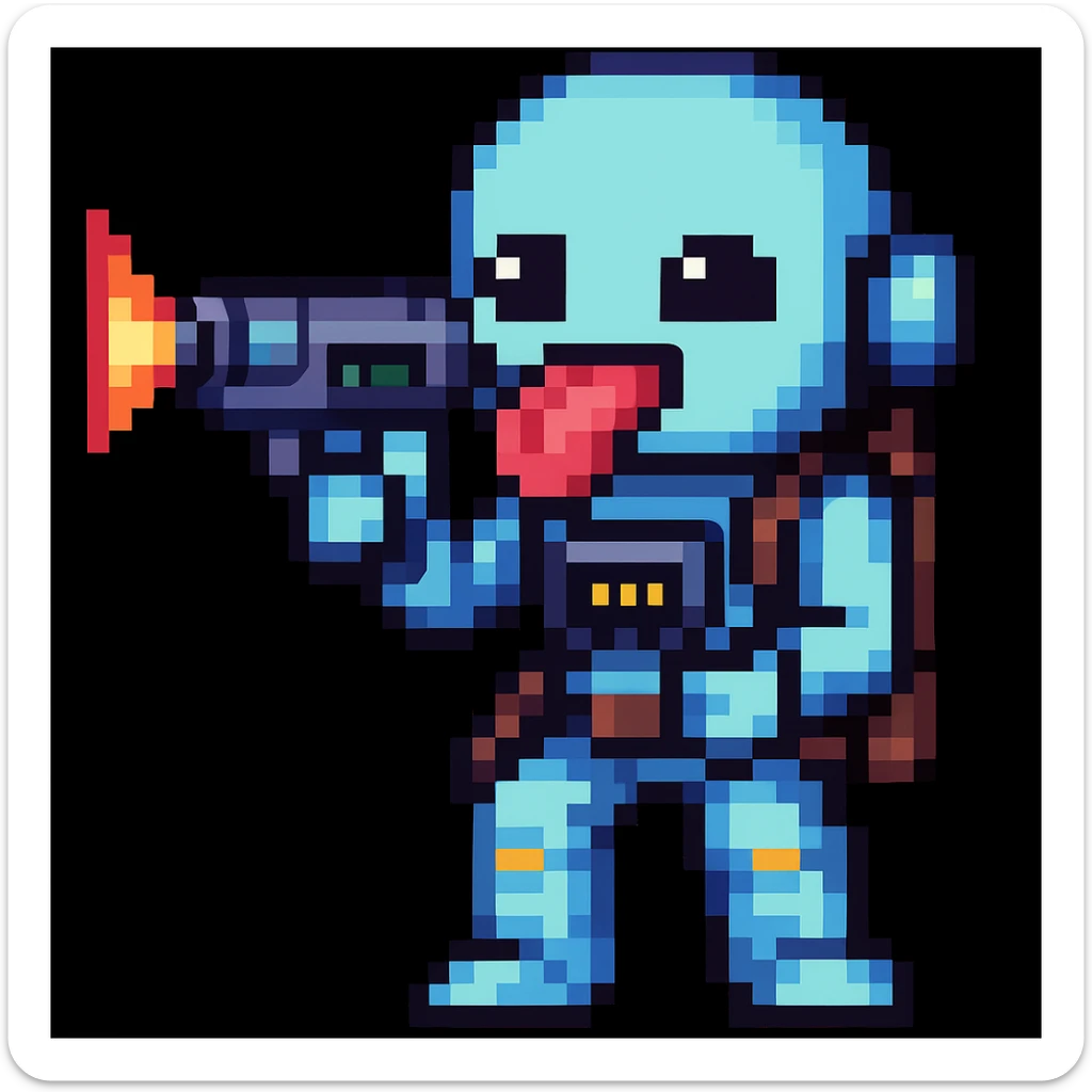 Make it pixel art style: Edit the emoji so it is putting the sci-fi blaster toward its tongue, keeping the pixel art style. sticker