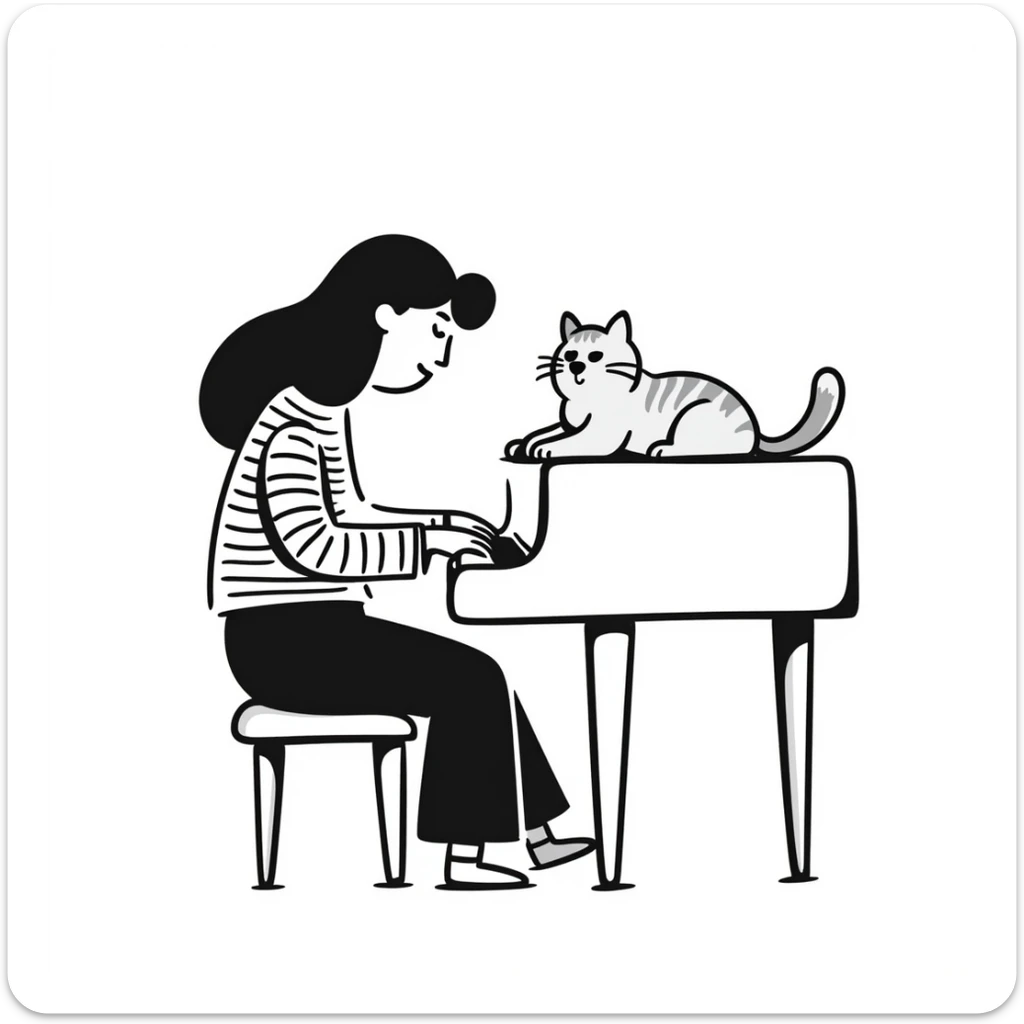 woman playing piano while her cat sits on top of the piano sticker