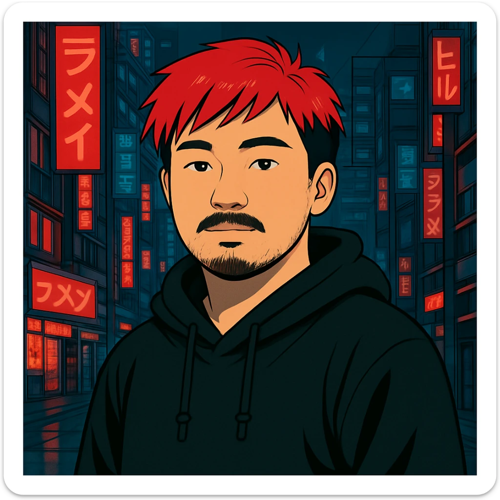 Asian man with a bit round face, less mustache, and a bit of beard, red hair, black hoodie, Japanese cyberpunk anime style, futuristic city background sticker
