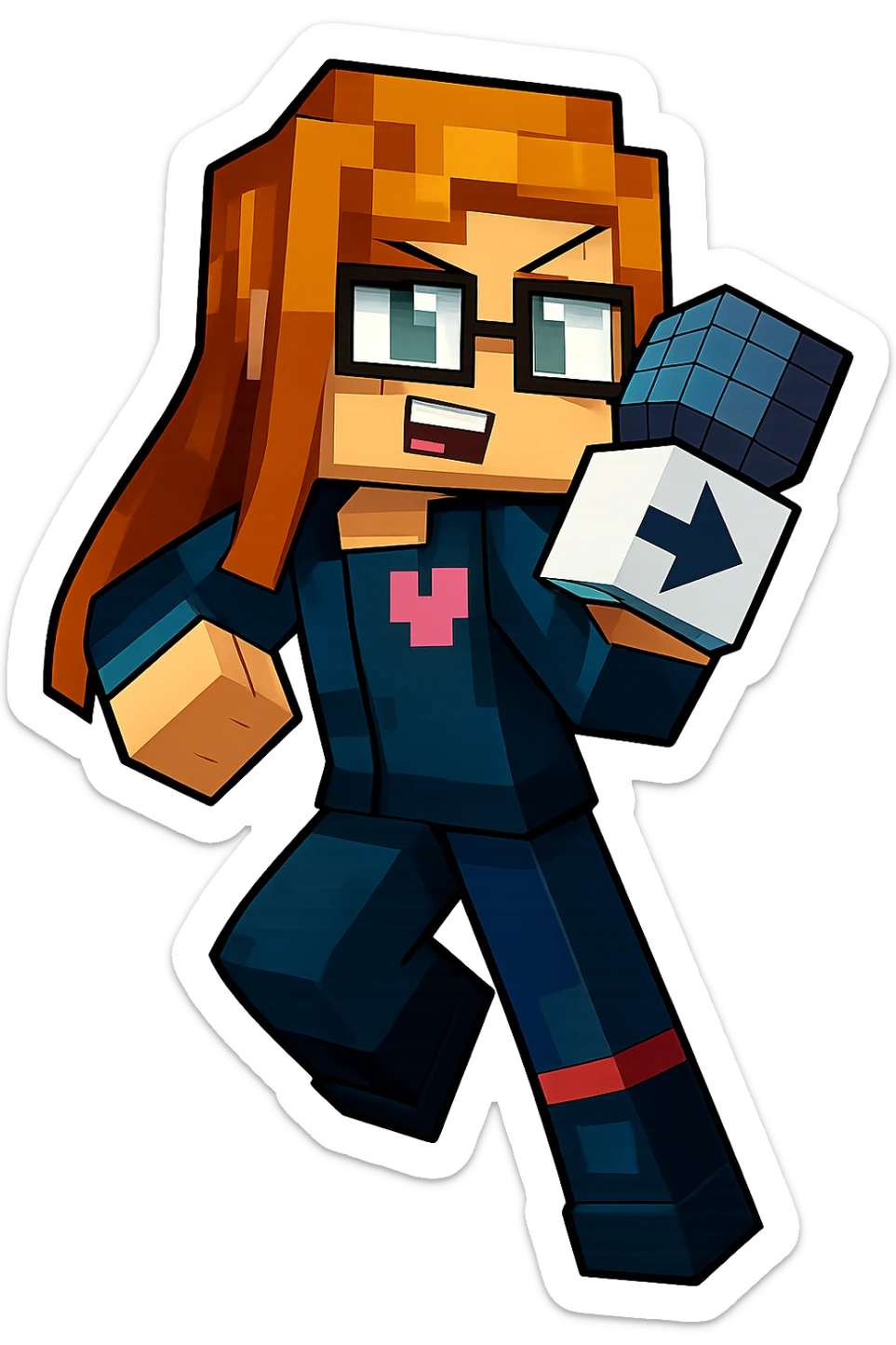 Extract only the rightmost character with orange hair, glasses, and blue outfit from the image, keeping the original Minecraft cartoon style and appearance, with a transparent background. sticker