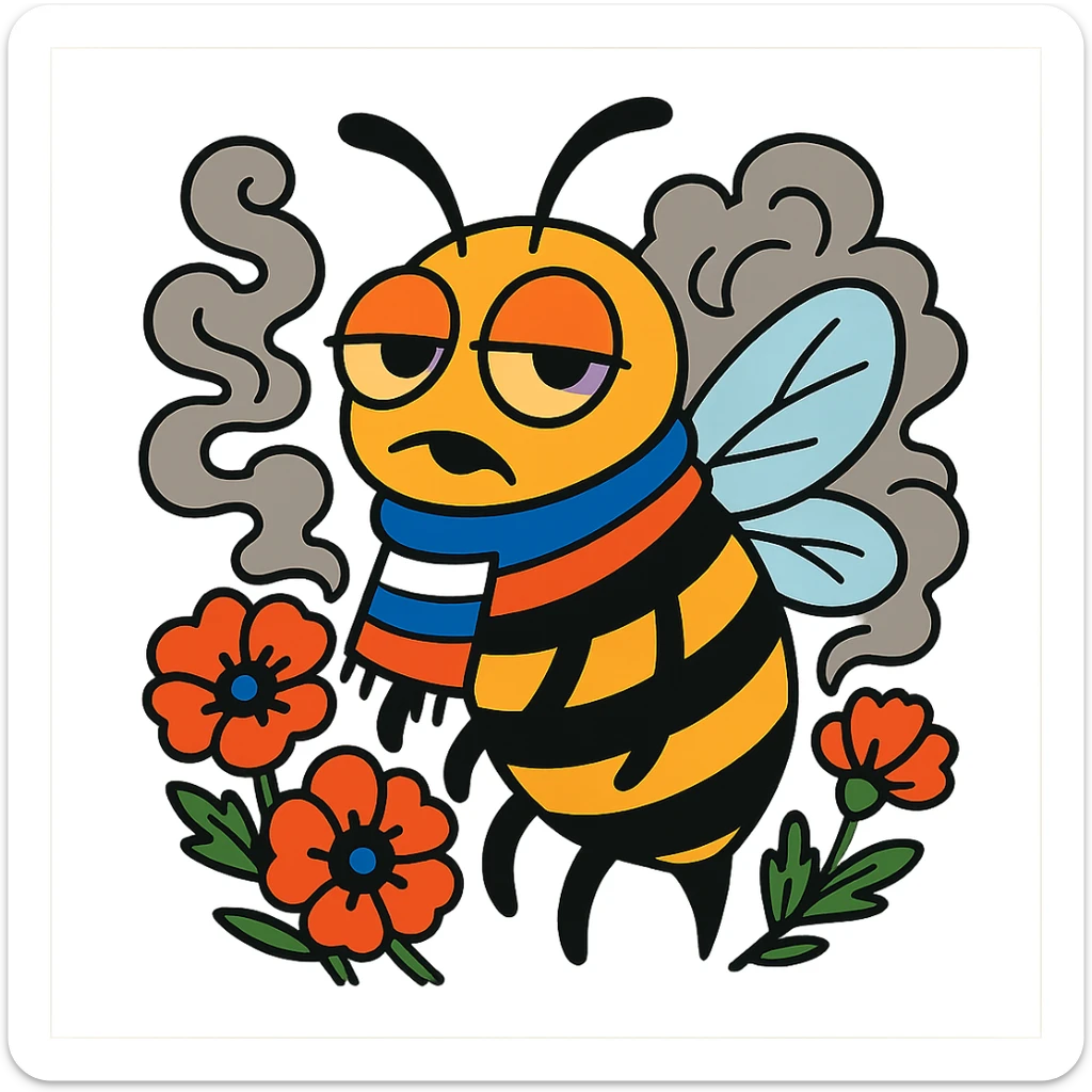bee with a Russian flag scarf, droopy eyes, surrounded by swirling smoke and poppy flowers, playful rebellious attitude sticker