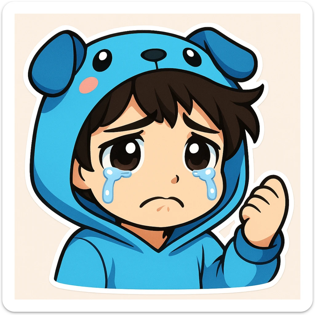 Edit the boy's face to have a sad, teary-eyed expression, keeping the original cartoon style and quality consistent with chibi stickers style. sticker