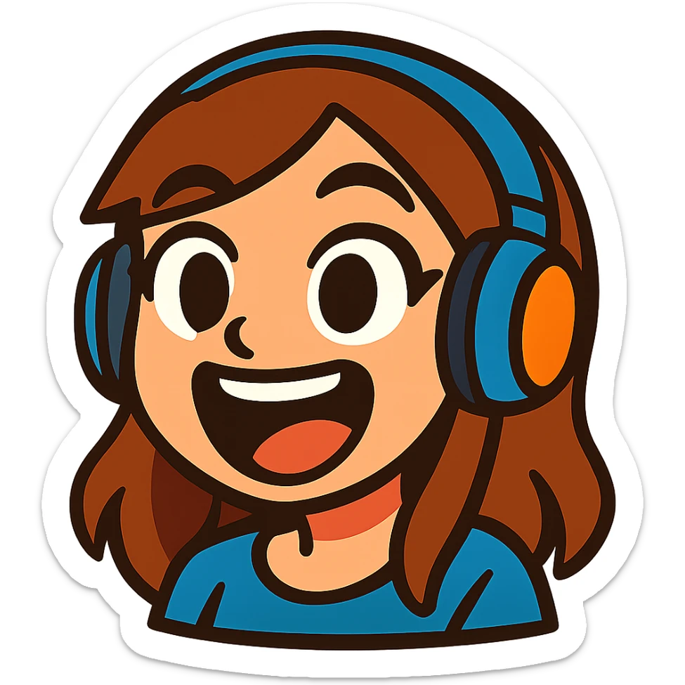 brown-haired gamer girl, excited expression, headphones, head only, emote sticker