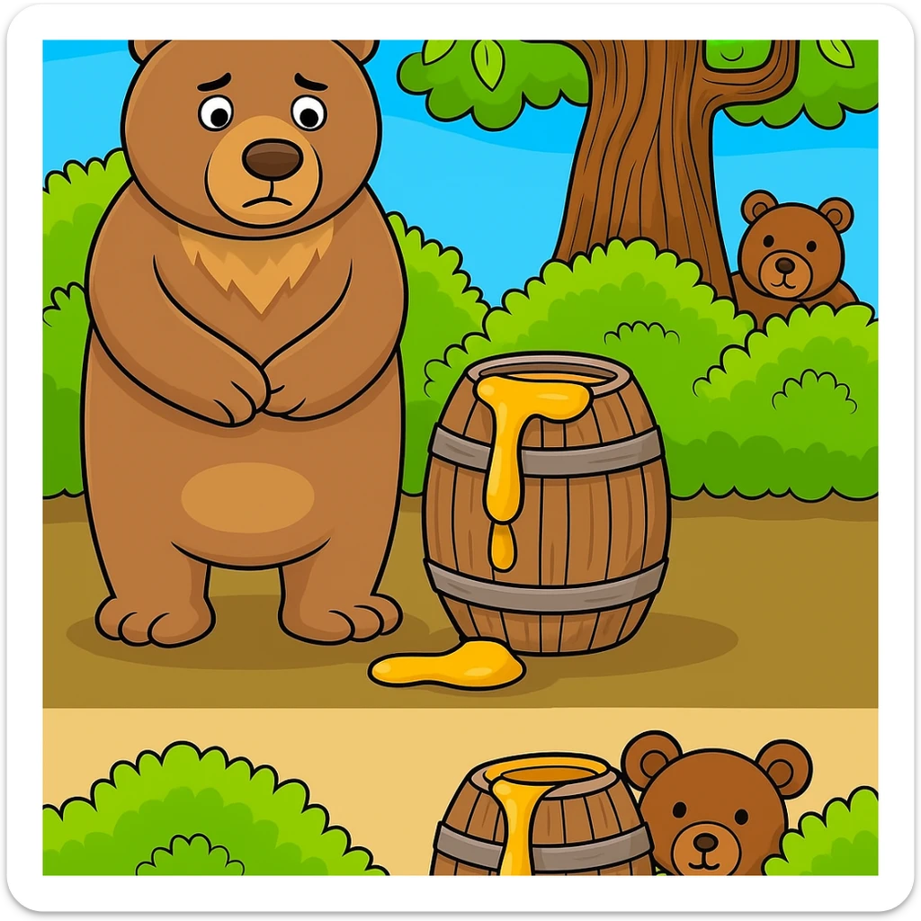 Create a variation of the cartoon bear and honey barrel scene for a 'find the three differences' quiz. Make three subtle changes: alter the bear's expression slightly, change the shape of the honey in the barrel, and add or remove a small background detail. Keep the style and layout consistent with the original image. sticker