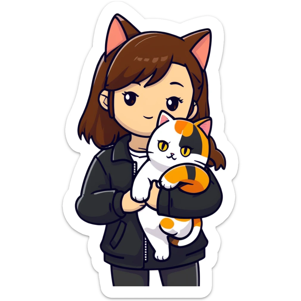 Light-skinned girl with brown straight hair wearing a black jacket, with one pure white cat with yellow eyes and one calico cat with orange black and white patches sticker