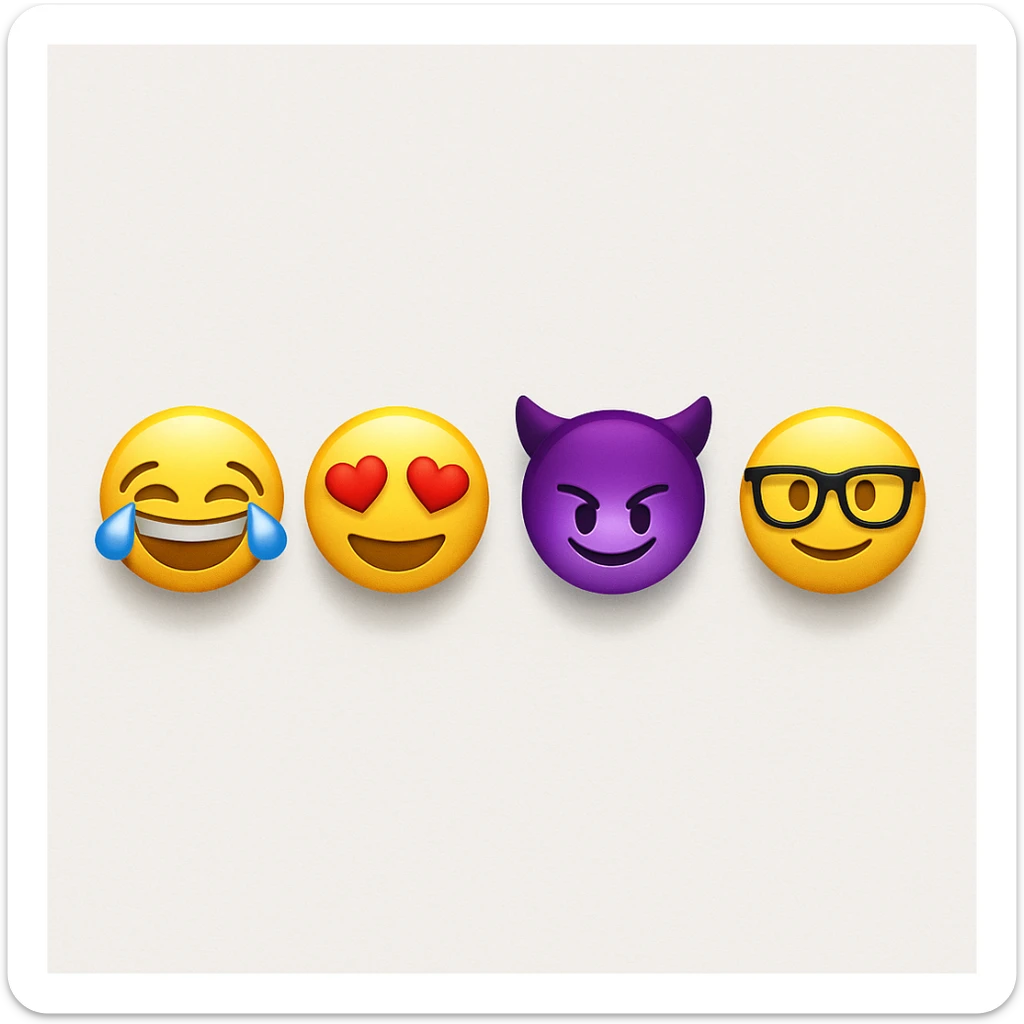 make four emojis on white background with good amount of shadow, four emojis of smiley's only. one laughing, second heart eyes, third purple devil and four black glasses emojis  sticker