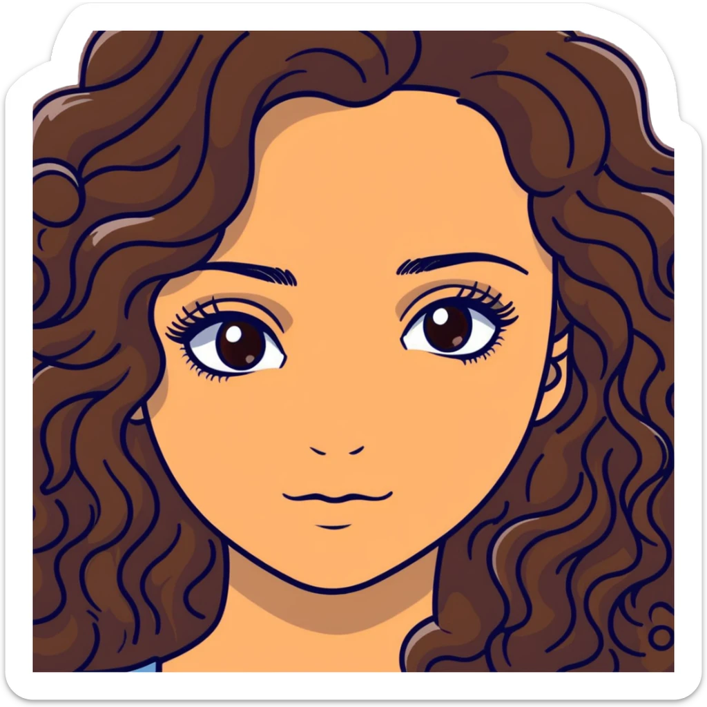 young woman with long curly brown hair, hazel eyes, long eyelashes sticker