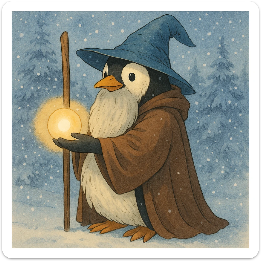 Add a snowy background behind the penguin wizard, keeping the fantasy illustration style. sticker